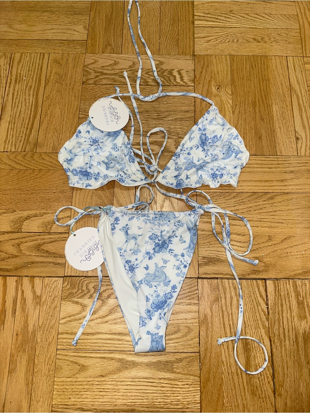 Frankie’s Bikinis @ Gigi Collab Blue & White Floral Tie-Side Triangle Bikini Set